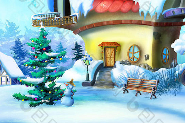 圣诞节树雪人仙女演讲房子冬天一天