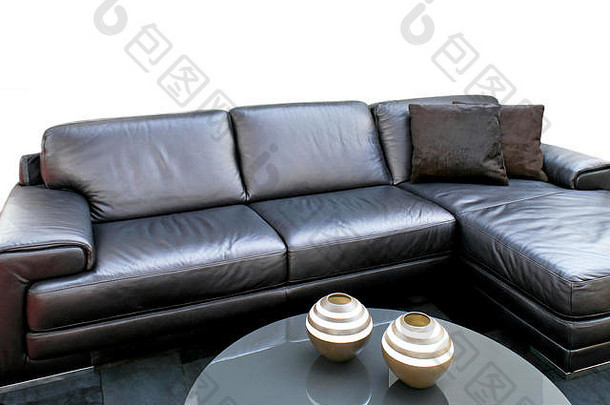 黑色的皮革沙发现代生活房间