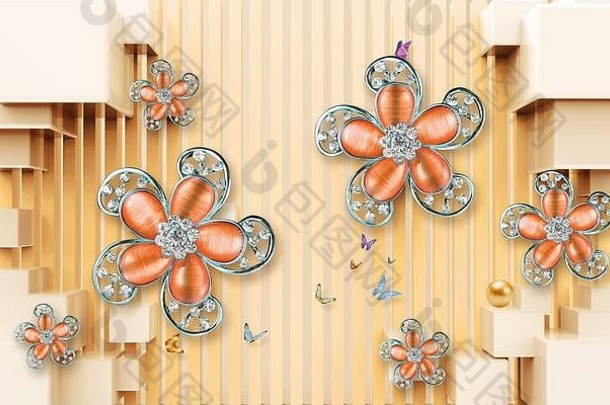 3D壁纸设计，以花卉为背景，用于家庭墙面壁纸设计