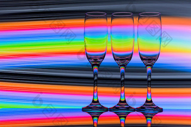 香槟眼镜行彩虹色彩斑斓的光绘画