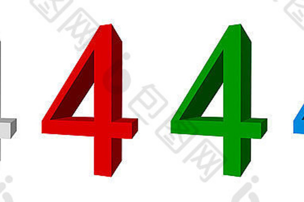 3D数字4（四）色白色红色绿色蓝色