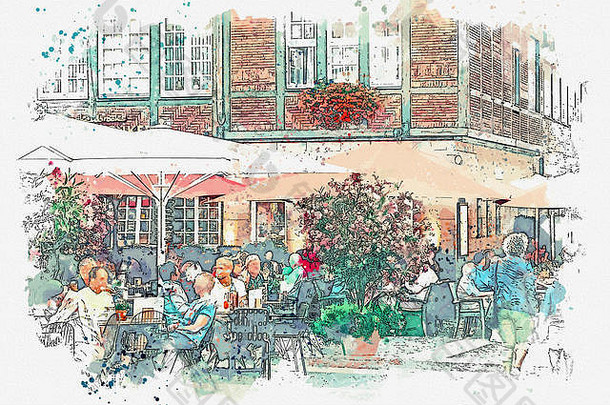 水彩草图插图传统的德国体系结构街咖啡馆门斯特干酪德国人放松吃沟通