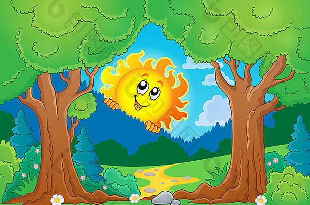 树主题与太阳1-图片插图。
