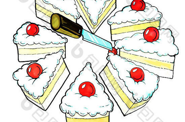 刀切蛋糕，手绘插图