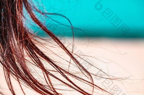 海景、海滩和女人的头发。女孩和她顽皮的长发在强风中飘扬。