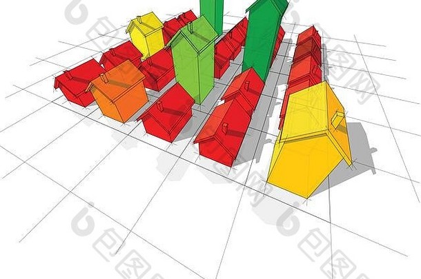 25栋不同高度的透明简单独立房屋，位于由能量等级颜色的正方形组成的矩形网格上