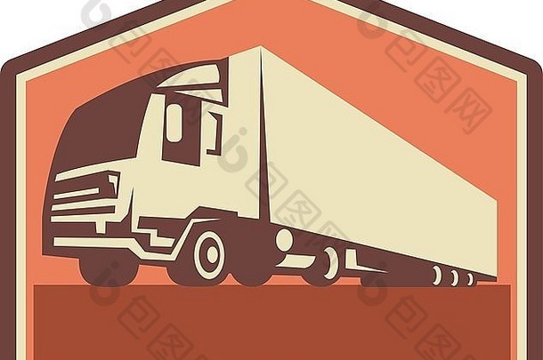 从低角度观看以复古风格完成的<strong>集装箱卡车</strong>和拖车<strong>卡车</strong>的插图。