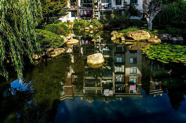 芜湖安徽中国睡莲池上有长廊树木和公寓楼，背景为石头