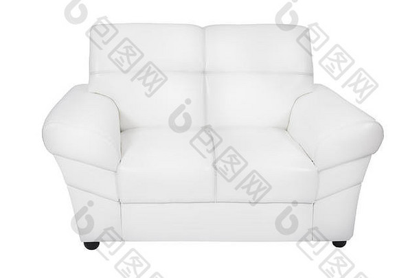 两个座位舒适的白色真皮沙发，白色背景隔离