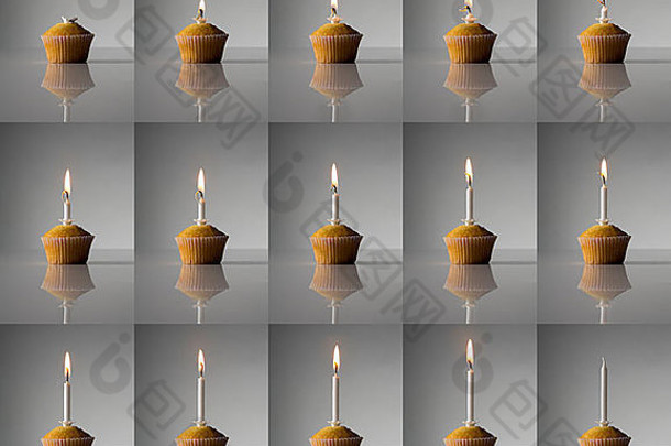 这组图片使用时间圈摄影来显示蜡烛在蛋糕上燃烧