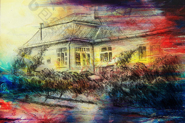 铅笔画的房子，前面有一个葡萄酒吊袜带。彩色绘画背景。计算机拼贴。
