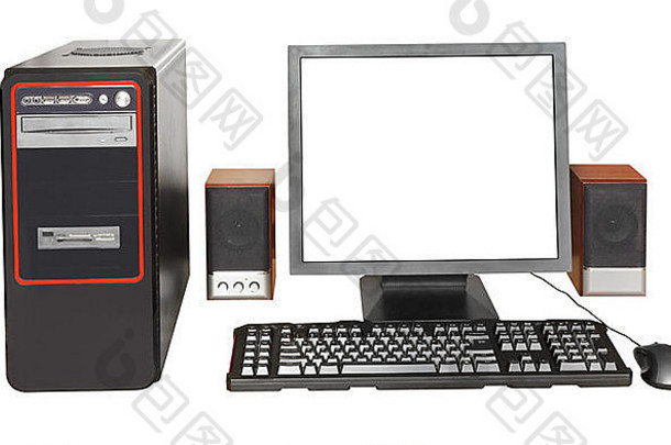 黑色的桌面电脑显示断路屏幕键盘鼠标演讲者孤立的白色背景