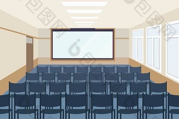 现代会议展示室内部有蓝色椅子和空白屏幕演讲讨论厅大型会议室无人