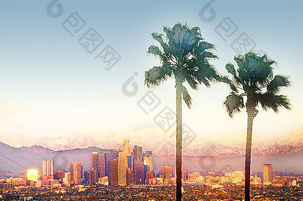 数字改变艺术视图这些洛杉矶天际线棕榈树