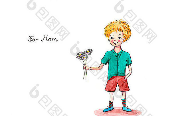 母亲节男孩带花水彩画，手写文字写给妈妈