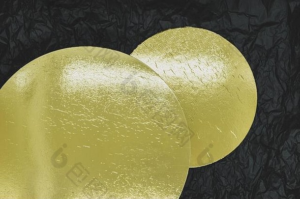 抽象背景金色闪亮的工艺纸圆圈，在黑色皱折纸上，带有复印空间