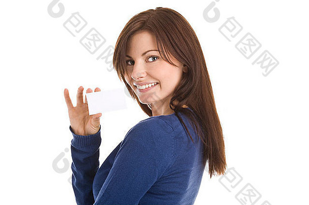 肖像年轻的女人持有空白业务卡微笑孤立的白色背景