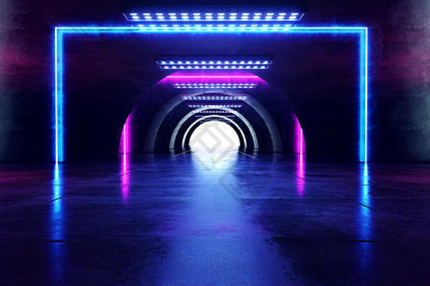 未来派的椭圆形霓虹灯发光紫蓝色矩形激光束在混凝土垃圾地面反射隧道走廊黑暗的入口