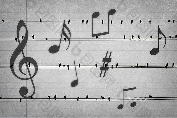 电线上的鸽子和旧纸上的音符看起来像音符，音乐概念