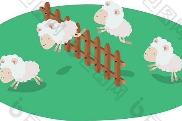 白色背景上，绵<strong>羊</strong>跳跃着五颜六色的木栅栏草地