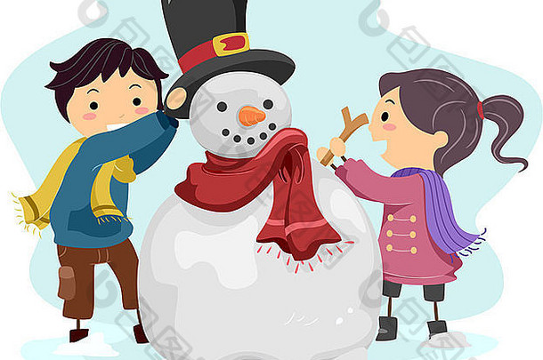 插图孩子们使雪人