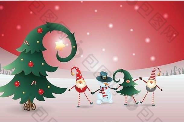 朋友庆祝冬天<strong>冬至</strong>圣诞节一年斯堪的那维亚地精雪人装饰圣诞节树红色的冬天景观