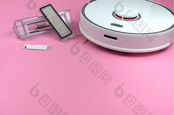 粉色背景上的白色机器人吸尘器。清洁后清洁机器人真空吸尘器的程序。未来家庭技术。