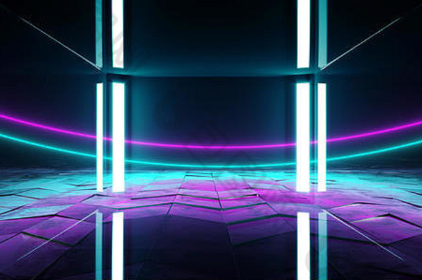 虚拟光滑的现代未来主义的sci黑暗难看的东西混凝土房间紫色的蓝色的发光的激光霓虹灯管灯空反光阶段后台