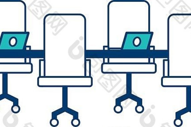 工作区会议桌椅和笔记本电脑