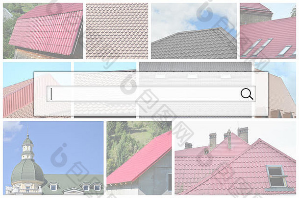 将搜索栏显示在拼贴的背景上，拼贴的背景是许多带有各种类型屋顶碎片的图片。带屋顶的图像集