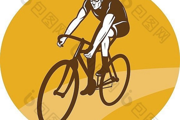 从正面看，椭圆形内的自行车骑行赛车插图采用复古木刻风格。