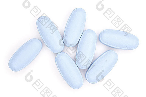 七组在白色背景下分离的全蓝色药物flatlay