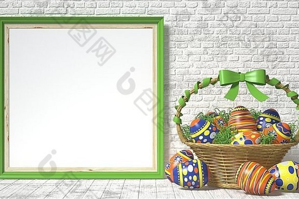 复活节篮子，白色木质背景上装饰有彩蛋。复活节的概念。三维渲染插图