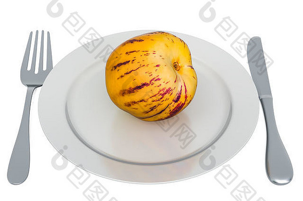 用叉子和刀子将Pepino甜瓜放在盘子上，在白色背景上隔离3D渲染