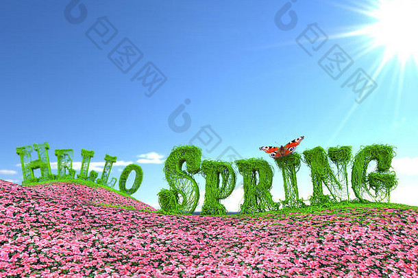 绿色Hello Spring文本的3D渲染，由粉色花朵草地上的常春藤树枝在明亮的阳光下形成