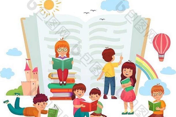 孩子们读书。小组中的孩子们喜欢文学，喜欢阅读。学习或学习的男孩和女孩