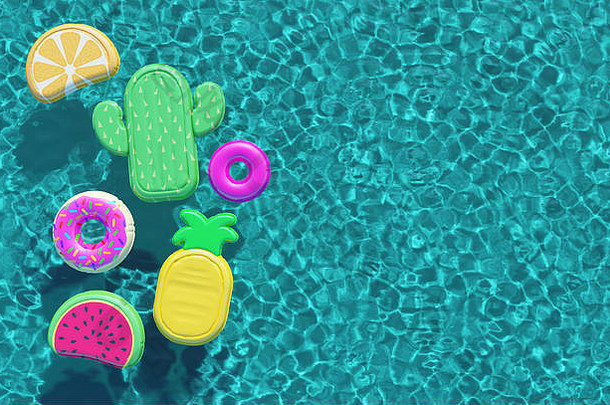 夏季游泳池充满了有趣的游泳池浮标。俯视图。三维渲染