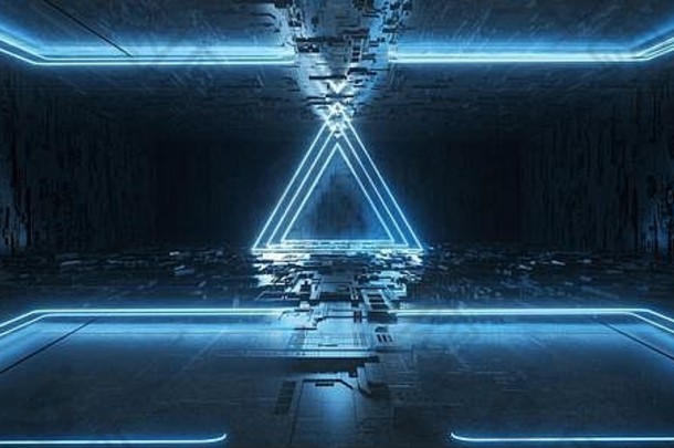 科幻未来主义金属反射示意图纹理主板地板真现代霓虹灯发光激光三角形弧光蓝色电形Emp