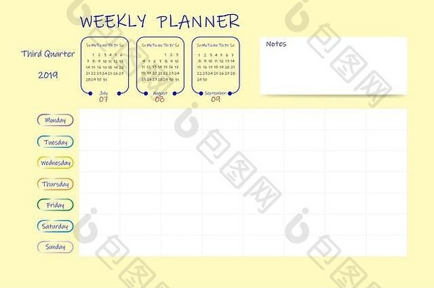 日历季度一年每周规划师图表空白标签笔记主要任务每月表垂直周开始