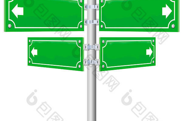 街道名称标志-四块空白、光滑的绿色金属板，显示四个不同的方向。