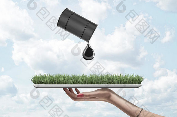 女人的手持有补丁绿色草坪上金属托盘黑色的桶石油小费空气溢出大下降石油草
