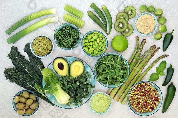 绿色超级食物集合水果蔬菜下降高蛋白质维生素矿物质抗氧化剂ω高脂肪的酸平躺