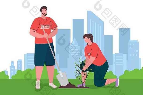 志愿服务慈善机构社会概念志愿者夫妇植物树生态生活方式