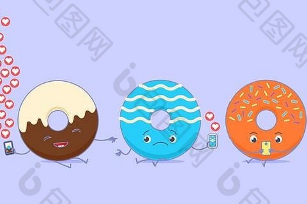 Kawaii甜甜圈使用社交媒体。他们中的一个因为感激而高兴，另一个因为感激而悲伤。