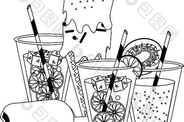 柠檬水和橘子杯，配冰淇淋筒和冰棒，黑白相间