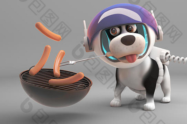 饿了小狗狗宇航服厨师香肠烧烤烧烤插图渲染