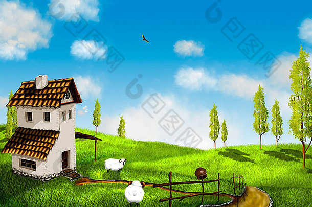 插图，房屋和白羊景观