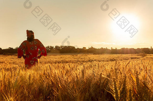 非洲女人传统的衣服站手臀部场大麦小麦作物日落日出