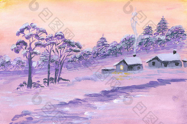 圣诞节晚上景观水彩手油漆插图假期背景问候卡邀请冬天晚上景观房子