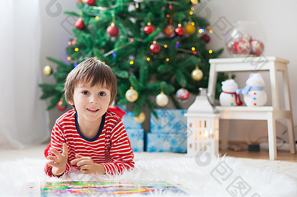 可爱的男孩阅读书前面圣诞节树首页